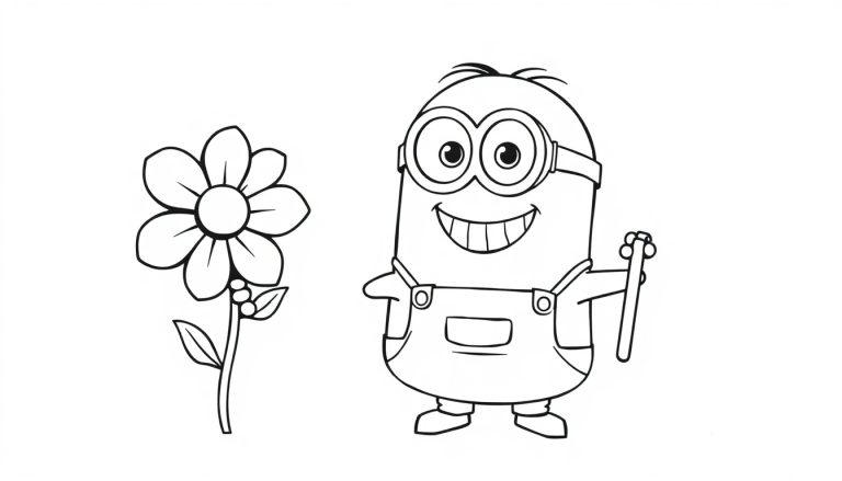 Schwarz-Weiß-Farbtafel eines lachenden Minions, der eine Blume mit einer Axt hält.