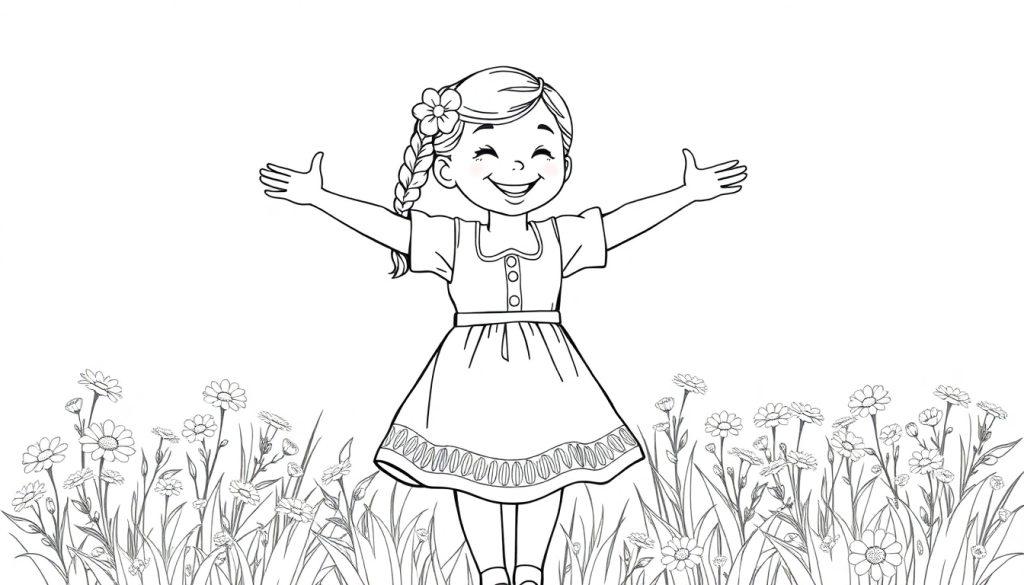 Schwarz-weiße Farbtafel eines fröhlichen Mädchens im Dirndl, das mit geschlossenen Augen und einem Lächeln auf einer Blumenwiese tanzt. Ihre Arme sind weit geöffnet und ihr Haar ist zu einem Zopf geflochten.