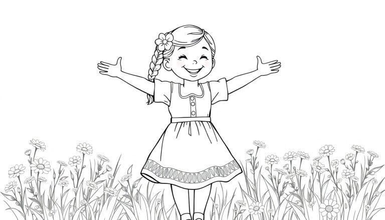 Schwarz-weiße Farbtafel eines fröhlichen Mädchens im Dirndl, das mit geschlossenen Augen und einem Lächeln auf einer Blumenwiese tanzt. Ihre Arme sind weit geöffnet und ihr Haar ist zu einem Zopf geflochten.
