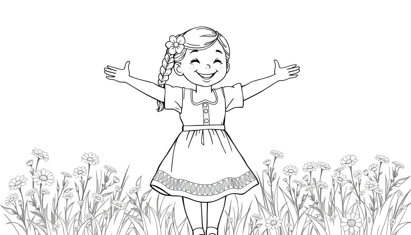 Schwarz-weiße Farbtafel eines fröhlichen Mädchens im Dirndl, das mit geschlossenen Augen und einem Lächeln auf einer Blumenwiese tanzt. Ihre Arme sind weit geöffnet und ihr Haar ist zu einem Zopf geflochten.
