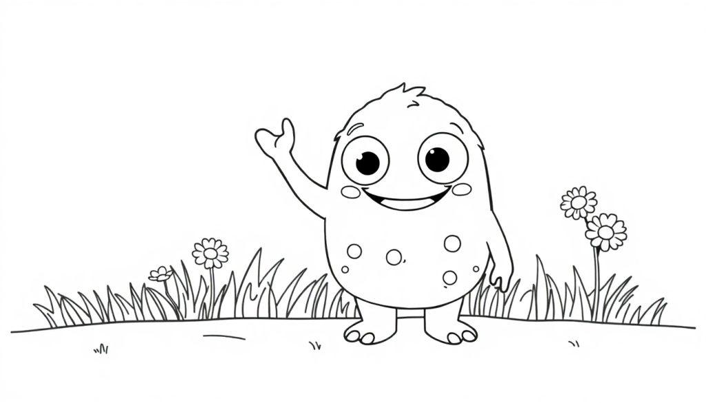 Schwarz-weiße Farbtafel eines freundlichen Cartoon-Monsters mit Sommersprossen, das im Gras steht und winkt.