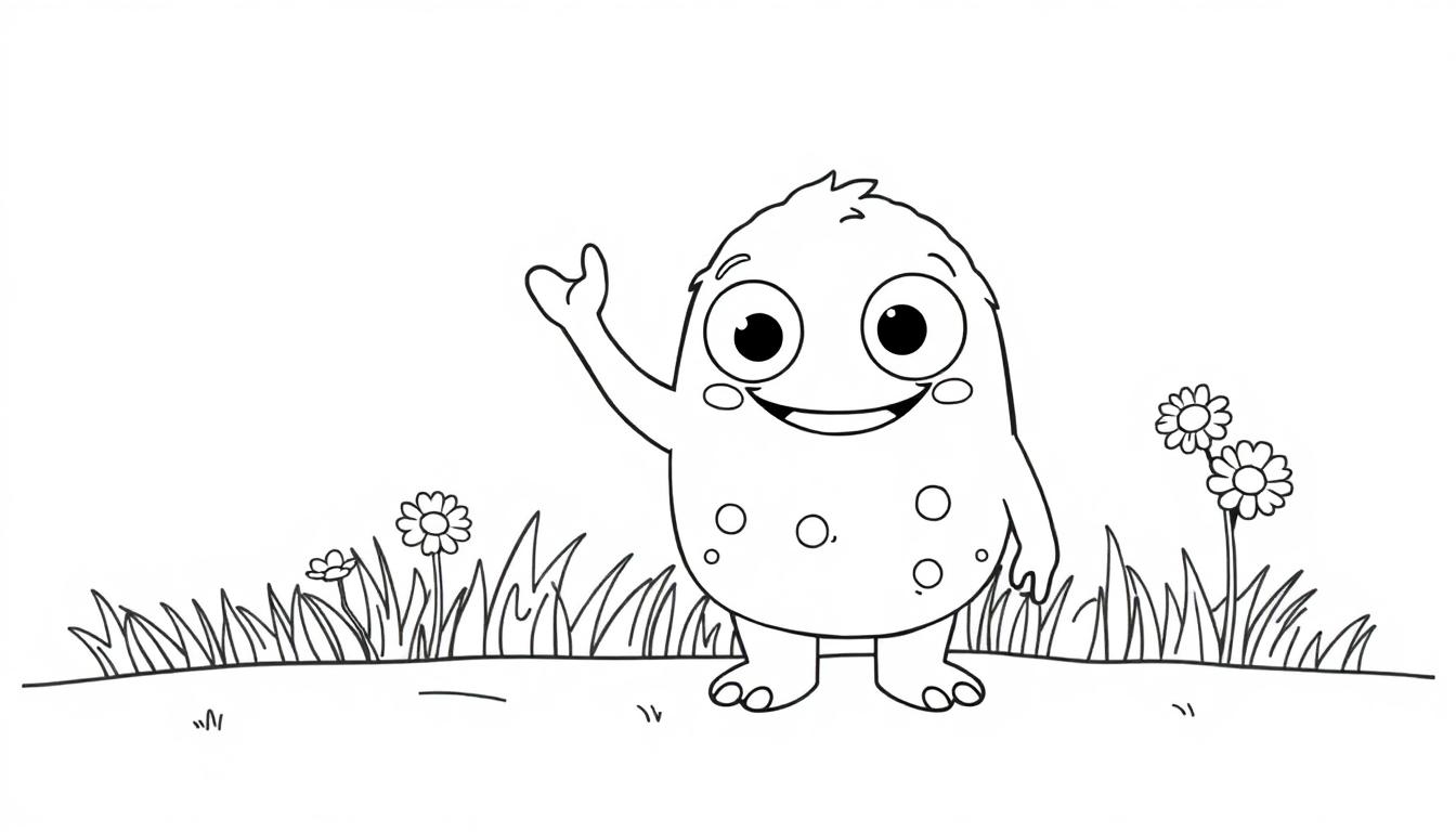 Schwarz-weiße Farbtafel eines freundlichen Cartoon-Monsters mit Sommersprossen, das im Gras steht und winkt.