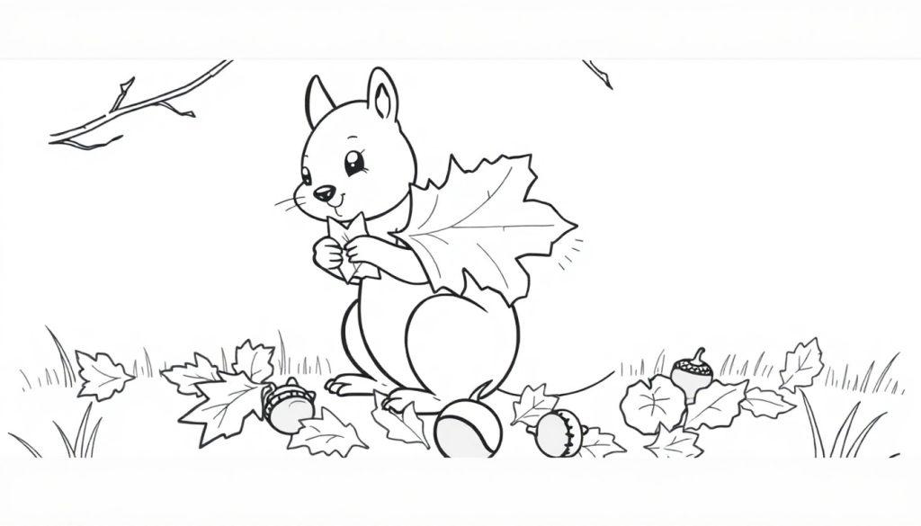Eine niedliche Farbtafel: Ein Eichhörnchen sammelt Herbstblätter und Eicheln.