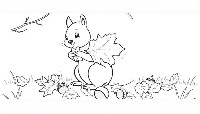Eine niedliche Farbtafel: Ein Eichhörnchen sammelt Herbstblätter und Eicheln.