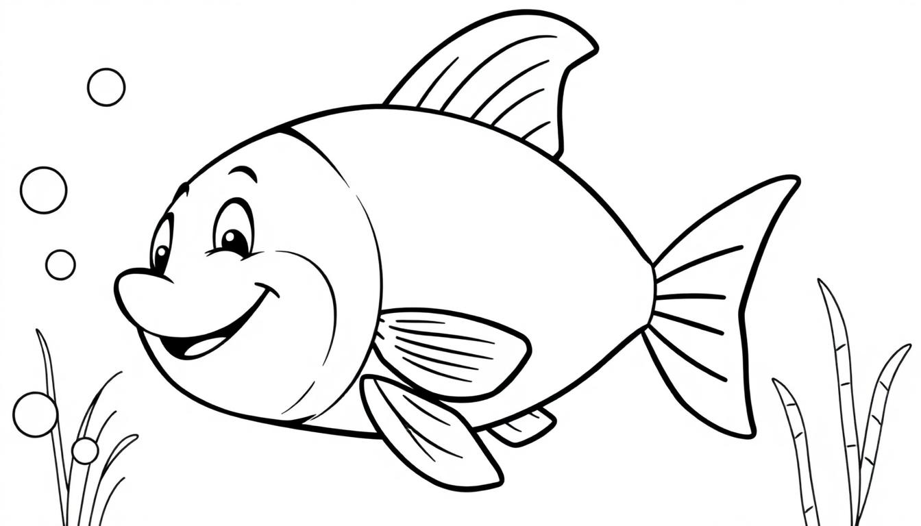 Zeichnung eines fröhlichen Cartoon-Fisches mit Blasen und Wasserpflanzen.