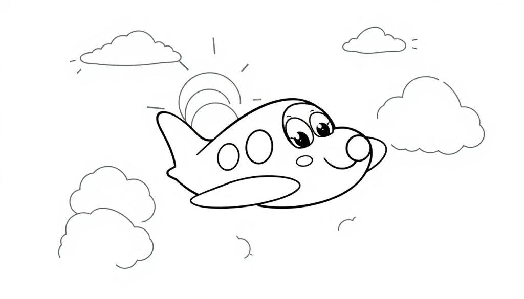 Niedliches Cartoon-Flugzeug mit großen Augen und einem Lächeln, fliegt durch Wolken unter einer stilisierten Sonne. Schwarz-Weiß-Farbtafel für Kinder.