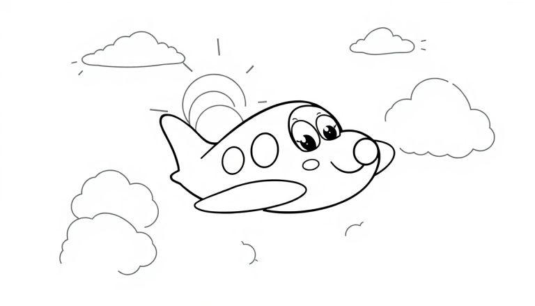 Niedliches Cartoon-Flugzeug mit großen Augen und einem Lächeln, fliegt durch Wolken unter einer stilisierten Sonne. Schwarz-Weiß-Farbtafel für Kinder.