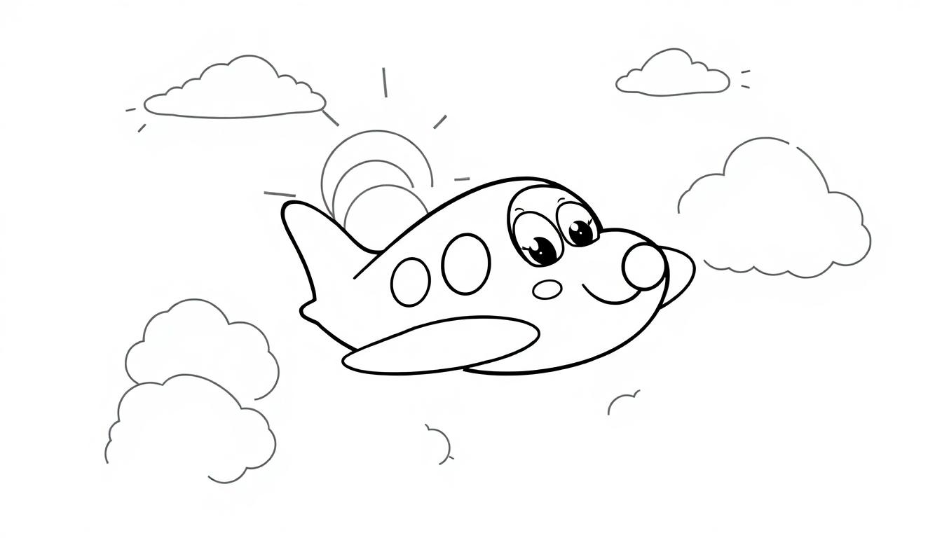 Niedliches Cartoon-Flugzeug mit großen Augen und einem Lächeln, fliegt durch Wolken unter einer stilisierten Sonne. Schwarz-Weiß-Farbtafel für Kinder.