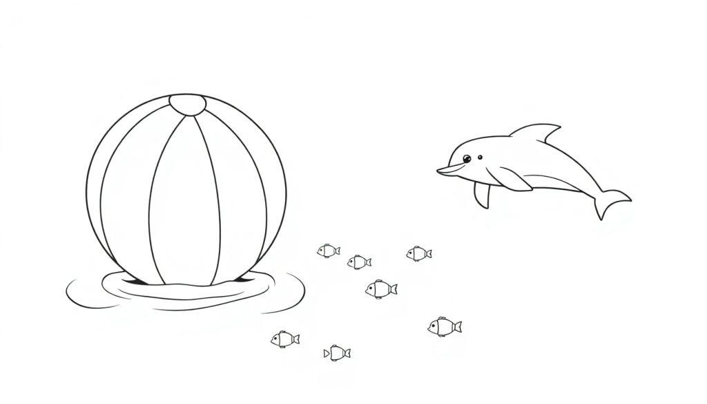 Eine Schwarz-Weiss-Farbtafel-Zeichnung eines Strandballs und eines Delfins im Meer.