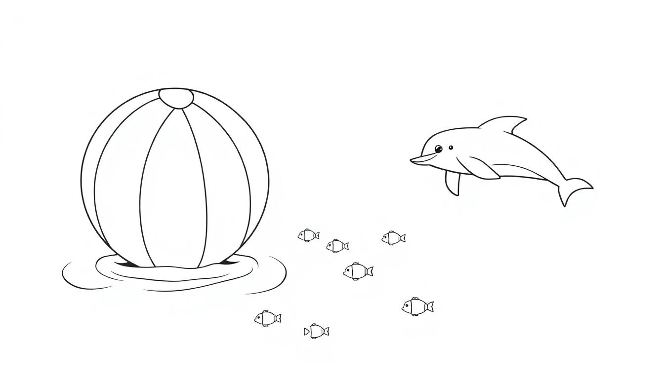 Eine Schwarz-Weiss-Farbtafel-Zeichnung eines Strandballs und eines Delfins im Meer.