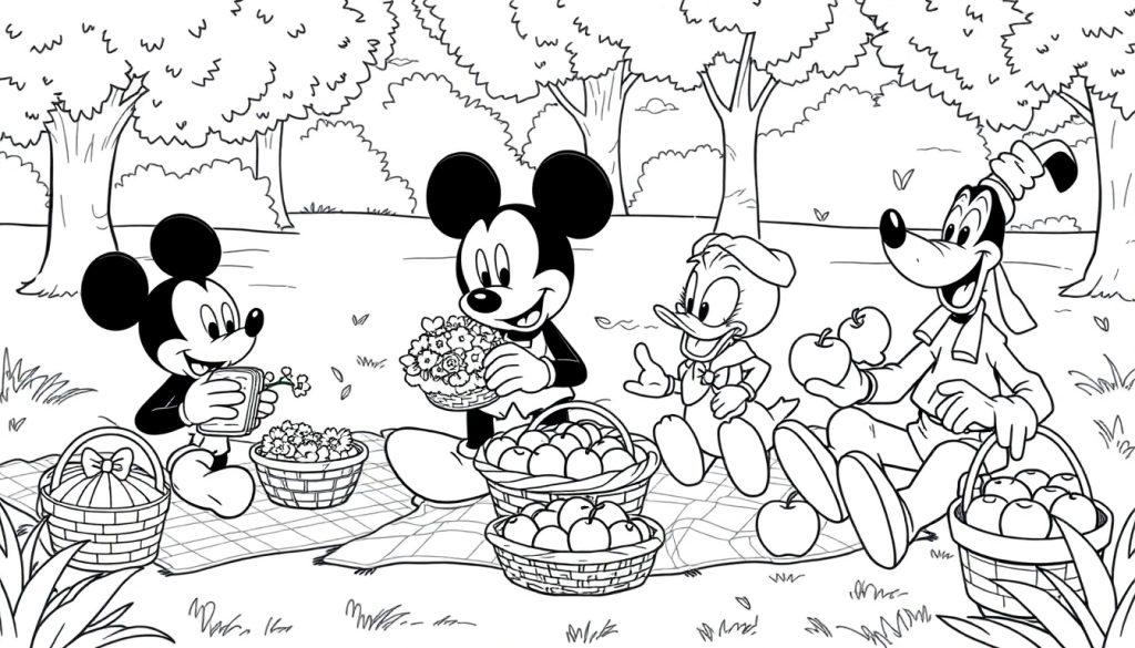 Mickey Maus und Freunde genießen ein Picknick im Park, eine schwarz-weiße Farbtafel zum Ausmalen.