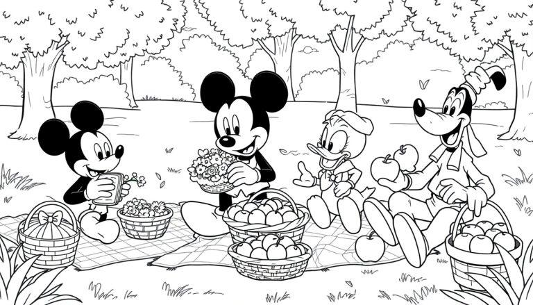 Mickey Maus und Freunde genießen ein Picknick im Park, eine schwarz-weiße Farbtafel zum Ausmalen.