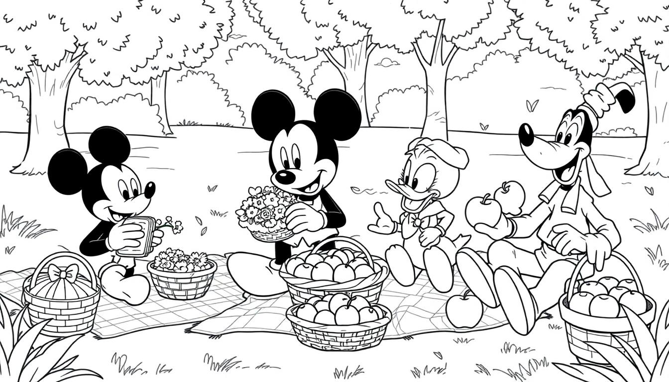 Mickey Maus und Freunde genießen ein Picknick im Park, eine schwarz-weiße Farbtafel zum Ausmalen.