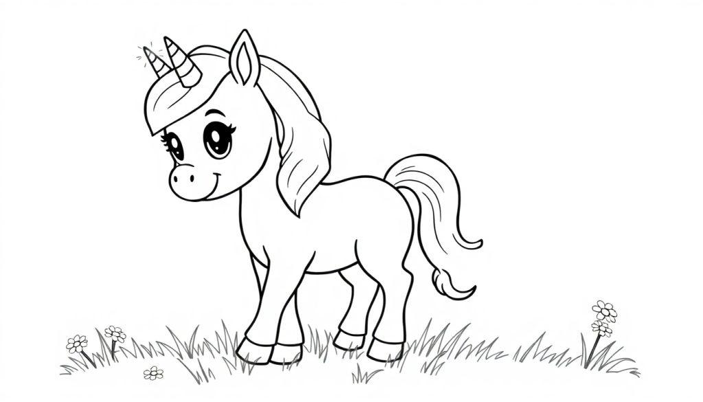 Ein niedliches Einhorn-Fohlen, bereit zum Ausmalen als Farbtafel.