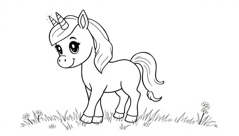 Ein niedliches Einhorn-Fohlen, bereit zum Ausmalen als Farbtafel.