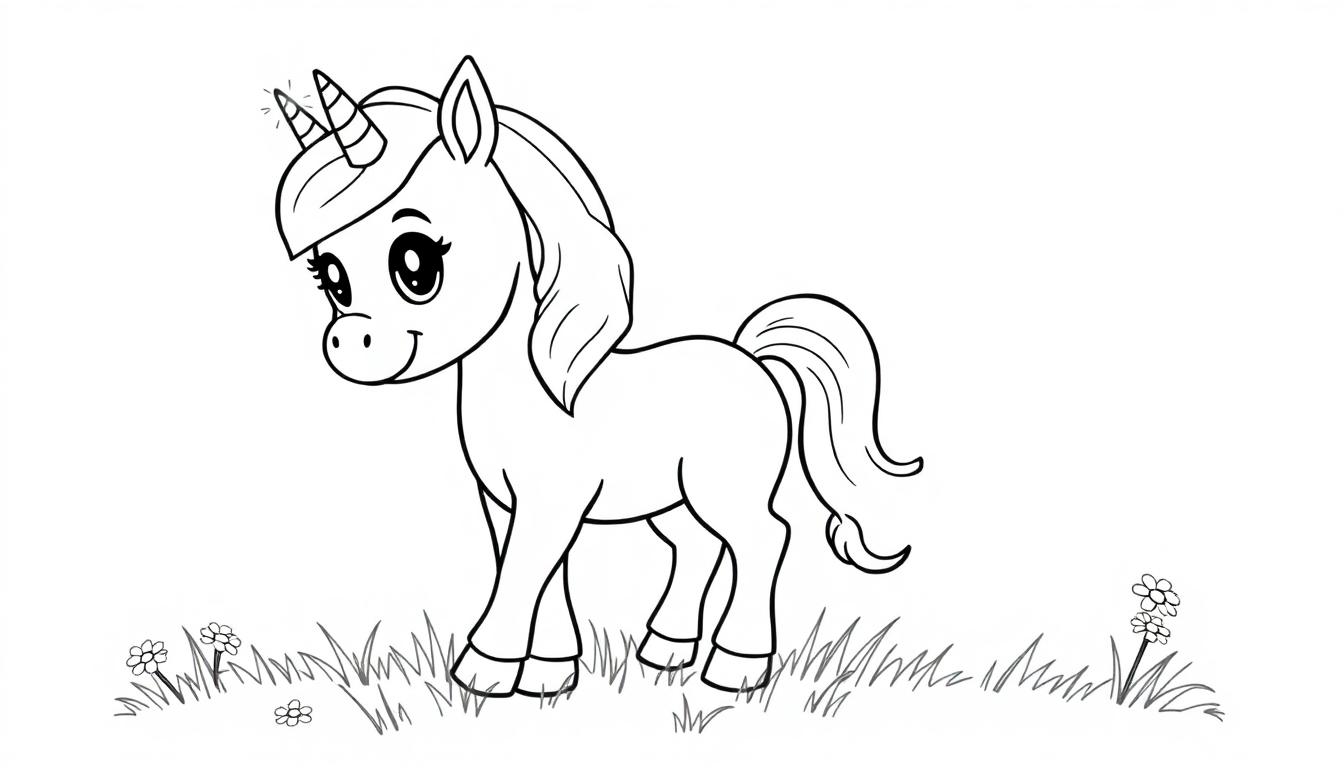Ein niedliches Einhorn-Fohlen, bereit zum Ausmalen als Farbtafel.