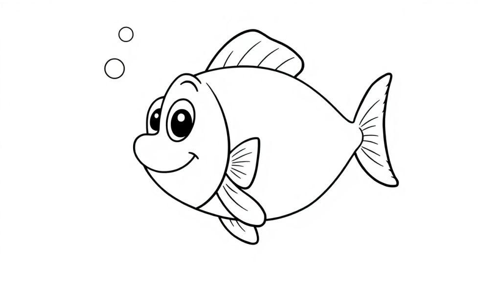 Eine Schwarz-Weiß-Farbtafel eines niedlichen Cartoon-Fisches mit großen Augen, einem freundlichen Mund und mehreren Flossen, über dem zwei Blasen schweben.