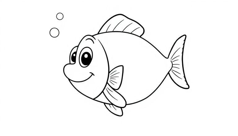 Eine Schwarz-Weiß-Farbtafel eines niedlichen Cartoon-Fisches mit großen Augen, einem freundlichen Mund und mehreren Flossen, über dem zwei Blasen schweben.