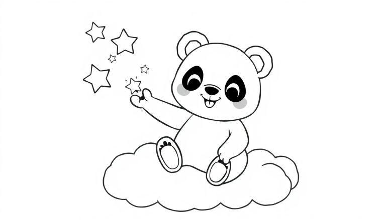 Schwarzweiße Farbtafel: Ein Panda auf einer Wolke greift nach einem Stern.