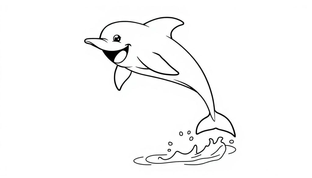 Eine Schwarz-Weiß-Farbtafel-Zeichnung eines fröhlichen Delfins, der aus dem Wasser springt.