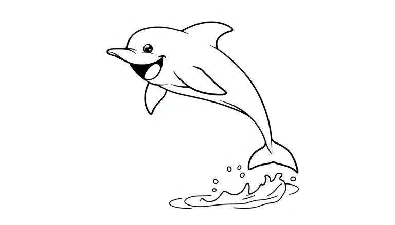 Eine Schwarz-Weiß-Farbtafel-Zeichnung eines fröhlichen Delfins, der aus dem Wasser springt.