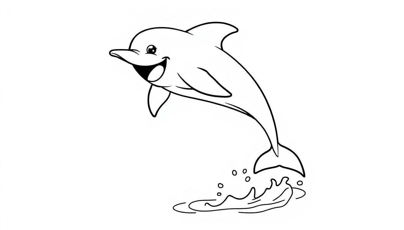 Eine Schwarz-Weiß-Farbtafel-Zeichnung eines fröhlichen Delfins, der aus dem Wasser springt.