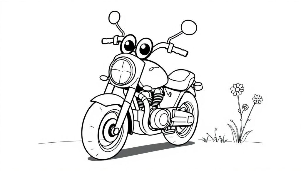 Eine schwarz-weiße Cartoon-Farbtafel eines freundlichen Motorrads mit großen Augen, das neben Gänseblümchen steht.