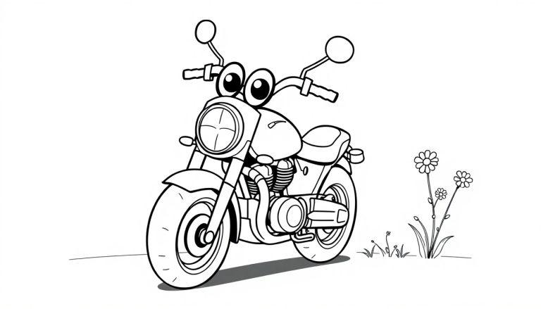 Eine schwarz-weiße Cartoon-Farbtafel eines freundlichen Motorrads mit großen Augen, das neben Gänseblümchen steht.