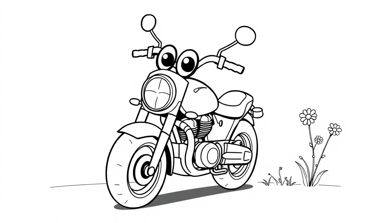 Eine schwarz-weiße Cartoon-Farbtafel eines freundlichen Motorrads mit großen Augen, das neben Gänseblümchen steht.
