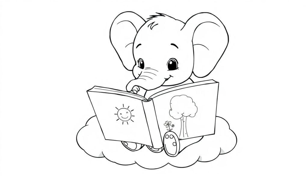 Kleine Elefant-Farbtafel sitzt auf einer Wolke und liest ein Buch.