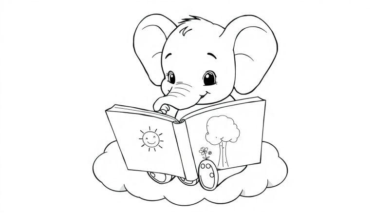 Kleine Elefant-Farbtafel sitzt auf einer Wolke und liest ein Buch.