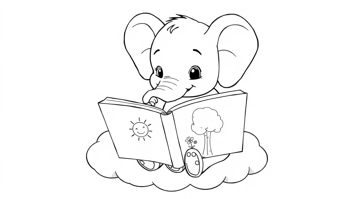 Kleine Elefant-Farbtafel sitzt auf einer Wolke und liest ein Buch.