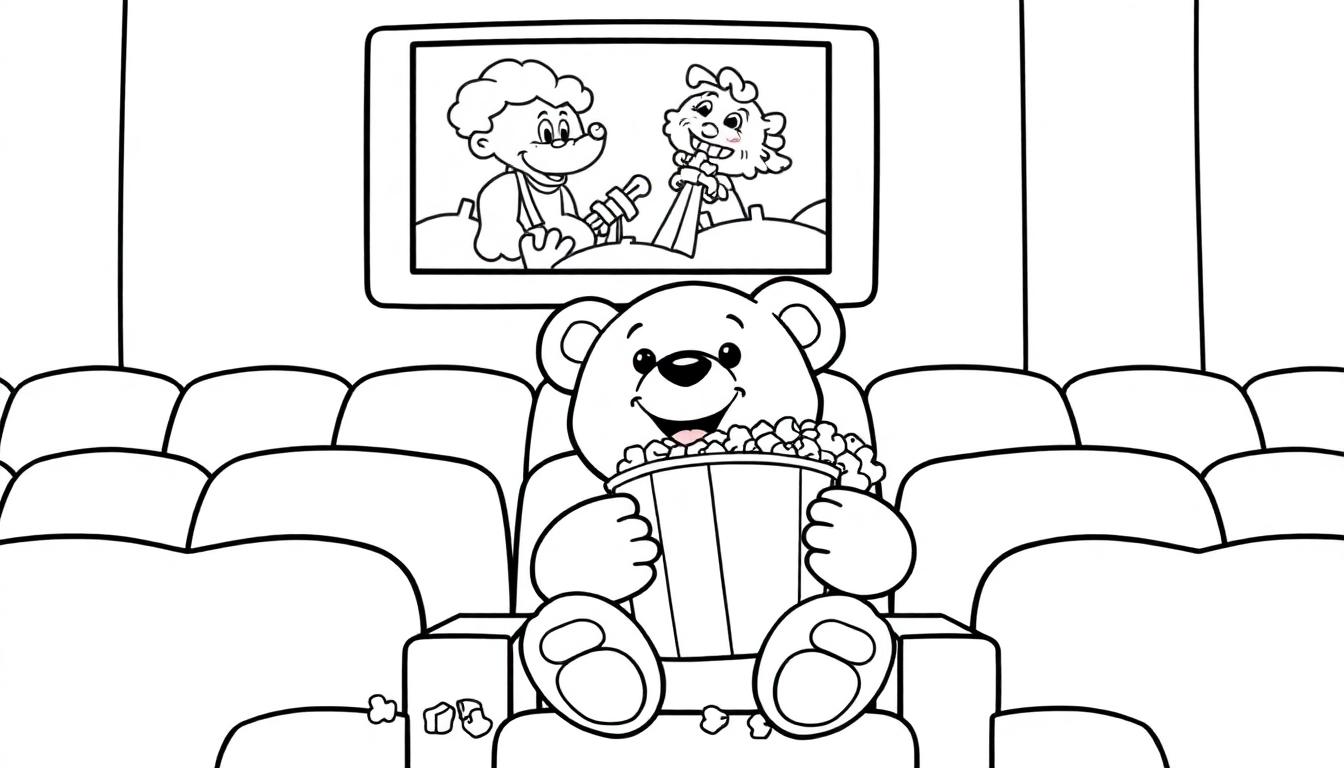 Ein lächelnder Teddybär im Kino mit Popcorn und schaut einen Cartoon.