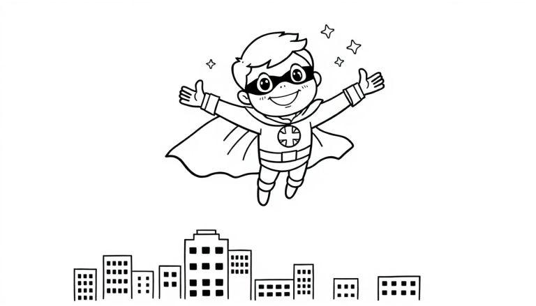 Schwarz-weiß Farbtafel-Zeichnung eines Cartoon-Superhelden mit Umhang und Maske, der mit ausgebreiteten Armen über einer Skyline schwebt.