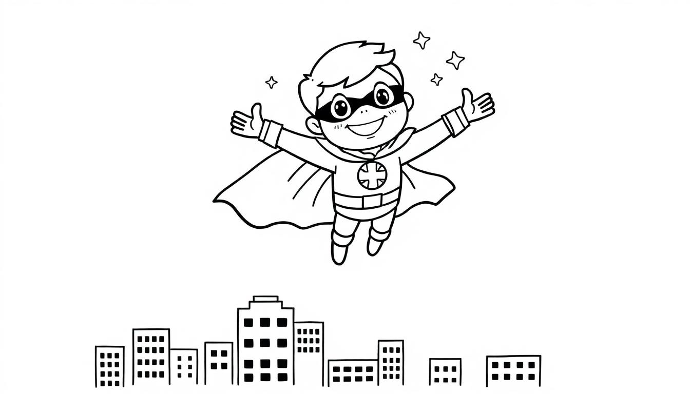 Schwarz-weiß Farbtafel-Zeichnung eines Cartoon-Superhelden mit Umhang und Maske, der mit ausgebreiteten Armen über einer Skyline schwebt.