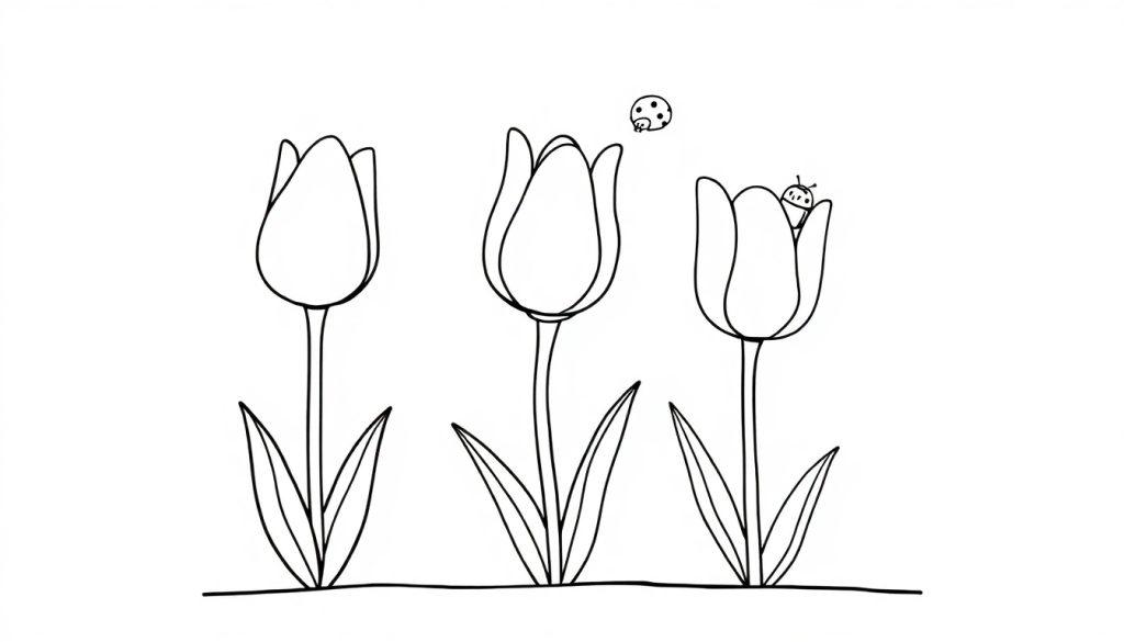 Schwarz-weiße Bleistiftzeichnung von drei Tulpen mit Marienkäfern, Farbtafel.