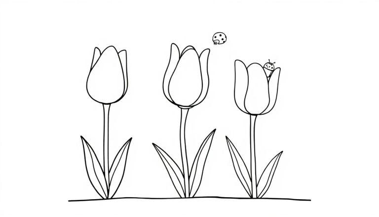 Schwarz-weiße Bleistiftzeichnung von drei Tulpen mit Marienkäfern, Farbtafel.