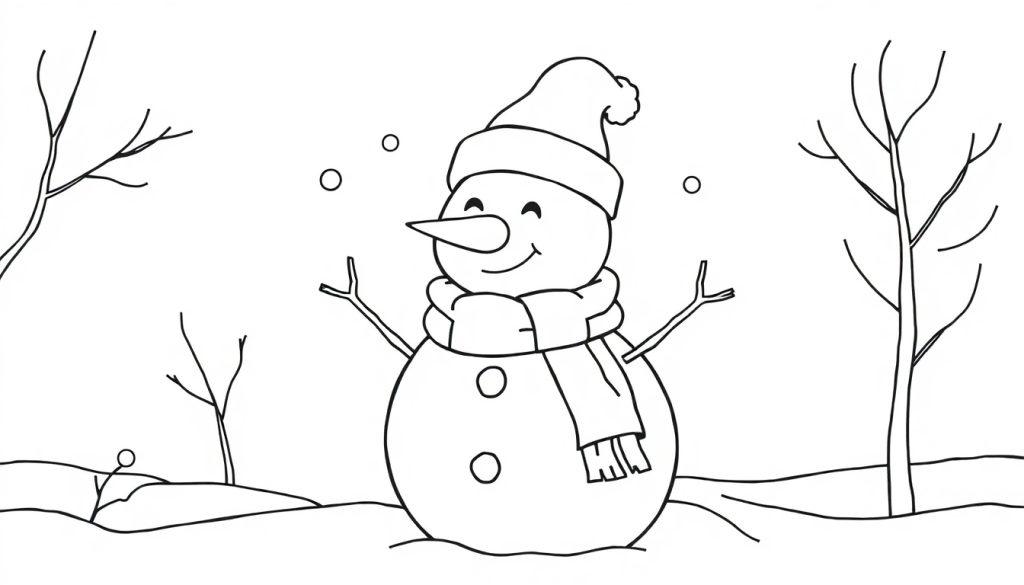 Schwarz-weiße Farbtafel eines fröhlichen Schneemanns mit Karottennase und Schal im Winterwald, bereit zum Ausmalen.