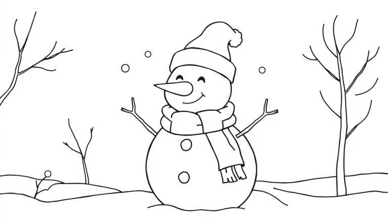 Schwarz-weiße Farbtafel eines fröhlichen Schneemanns mit Karottennase und Schal im Winterwald, bereit zum Ausmalen.