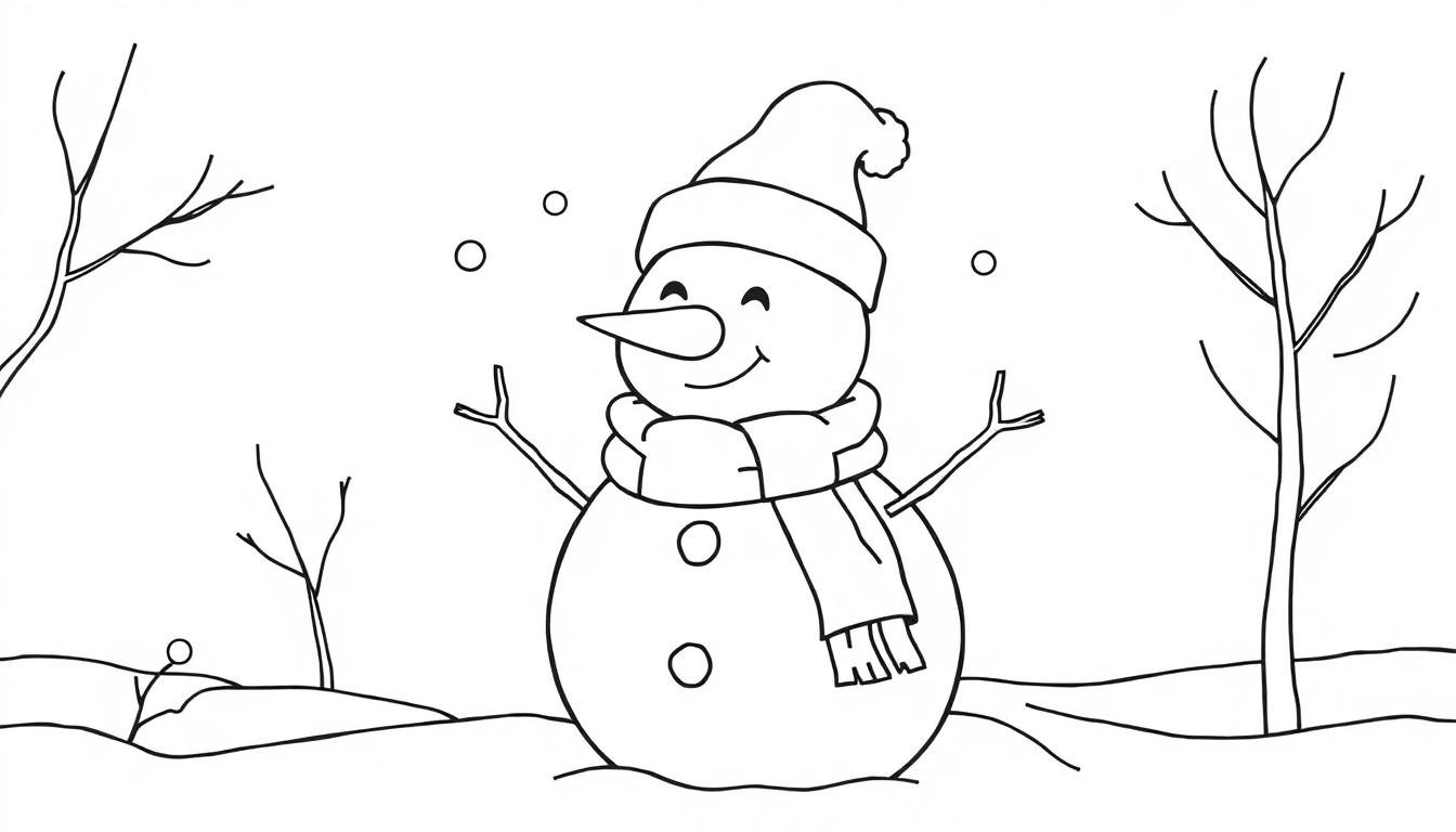 Schwarz-weiße Farbtafel eines fröhlichen Schneemanns mit Karottennase und Schal im Winterwald, bereit zum Ausmalen.