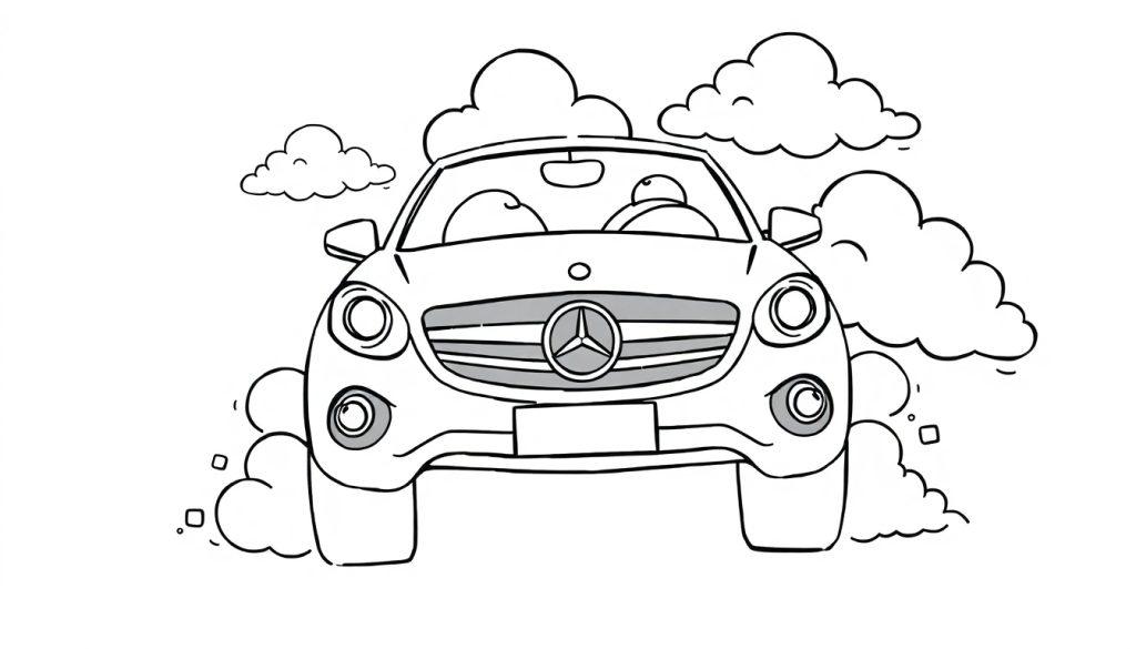Schwarz-weiß Farbtafel-Zeichnung eines freundlichen Autos mit einem Mercedes-Benz-Logo und zwei Insassen, das durch Wolken fährt.