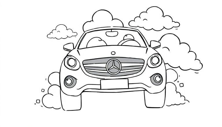 Schwarz-weiß Farbtafel-Zeichnung eines freundlichen Autos mit einem Mercedes-Benz-Logo und zwei Insassen, das durch Wolken fährt.