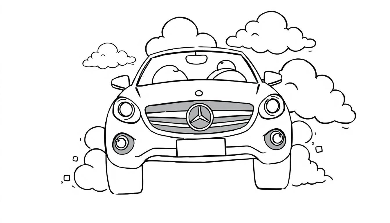 Schwarz-weiß Farbtafel-Zeichnung eines freundlichen Autos mit einem Mercedes-Benz-Logo und zwei Insassen, das durch Wolken fährt.