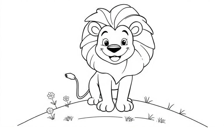 Ein freundlicher Cartoon-Löwe mit einer großen Mähne auf einem Hügel, bereit zum Ausmalen als Farbtafel.