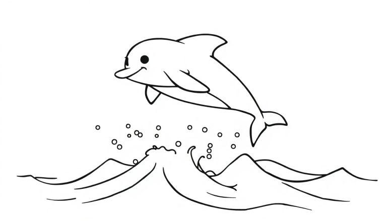 Schwarz-weiße Farbtafel eines lächelnden Delfins, der aus dem Wasser springt.
