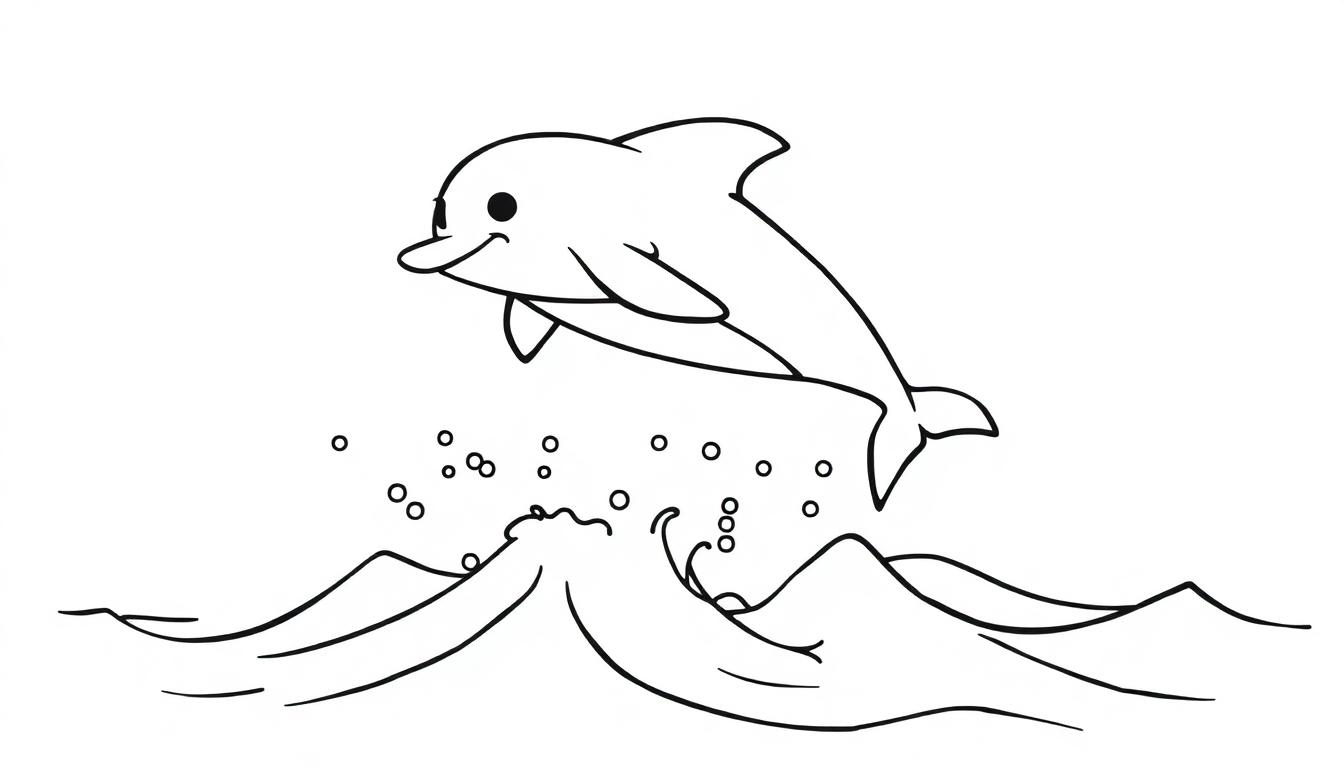 Schwarz-weiße Farbtafel eines lächelnden Delfins, der aus dem Wasser springt.