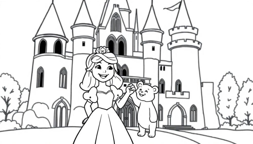 Eine Farbtafel: Schwarz-Weiß-Zeichnung einer Prinzessin mit Teddybär vor einem Märchenschloss.