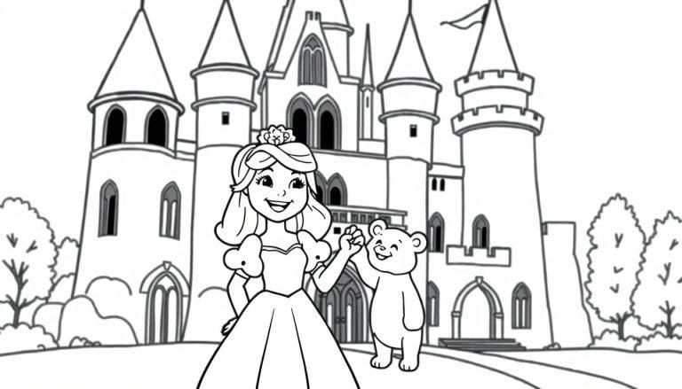 Eine Farbtafel: Schwarz-Weiß-Zeichnung einer Prinzessin mit Teddybär vor einem Märchenschloss.
