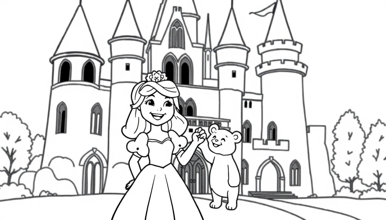 Eine Farbtafel: Schwarz-Weiß-Zeichnung einer Prinzessin mit Teddybär vor einem Märchenschloss.