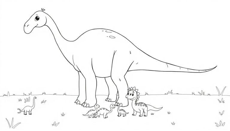 Eine Schwarz-Weiß-Farbtafel-Zeichnung eines freundlichen Brachiosaurus mit einem langen Hals und Schwanz, der auf einer Wiese mit kleineren Dinosauriern steht.